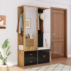Vestiaire d’entrée avec Miroir Banc et Penderie - Armoire Moderne en MDF et Panneaux de Particules - Noir et Bois 100×38×180 cm