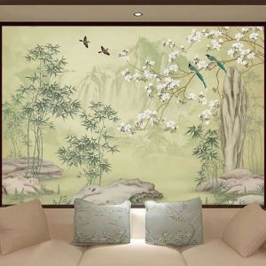 Papier Peint Panoramique Fleurs De Bambou Et Oiseaux Papier Peint 3D Intissé Decoration Murale Chambre Salon 350x250cm