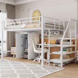 Lit mezzanine 140x200 structure m&eacute;tal robuste avec bureau int&eacute;gr&eacute; rangements escalier s&eacute;curit&eacute;