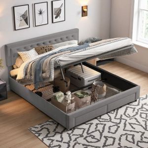 Lit coffre 180x200 gris avec sommier  Double rangement tiroir + capiton velours anthracite  Mécanisme lift silencieux