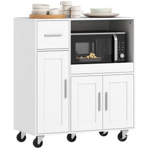 Desserte cuisine &agrave; roulettes meuble micro onde plateau coulissant tiroir placards 3 portes 80x40x887cm blanc