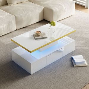 Table basse Maisentiel blanc laqu&eacute; deux niveaux tiroir LED finition dor&eacute;e 100 x 50 x 385 cm