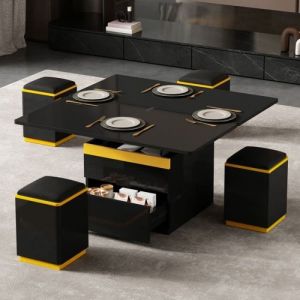 Table Basse Relevable Moderne Noire Brillante - &Eacute;l&eacute;gante Multifonctionnelle avec 4 Chaises Cach&eacute;es Moelleuses noir TABLE BASSE