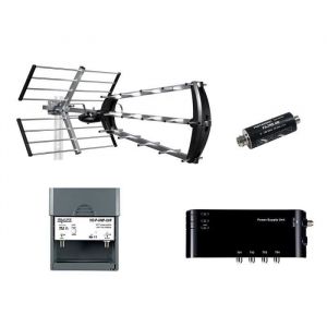 Kit Antenne d'Extérieure Trinappe 26dB UHF Metronic + Filtre 4G intégré + Préamplificateur 4/1 TV + Alimentation 4 Sorties TV