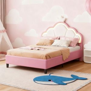 Lit enfant lit princesse 140 x 200 avec sommier cadre de lit Lit enfant avec LED  avec tete de lit rose velours