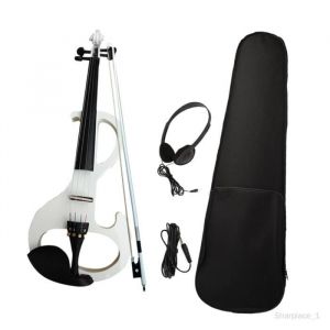 Ensemble de violon &eacute;lectrique en bois massif Instruments &agrave; cordes silencieux avec raccords et &eacute;tui rigide pour d&eacute;butants Blanc