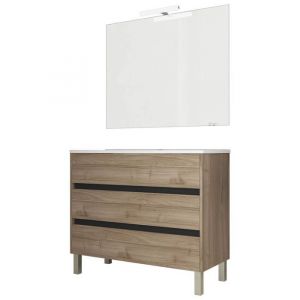 Ensemble de salle de bain meuble 100cm STAY THREE EDGE bois clair - Vasque - Miroir - Applique