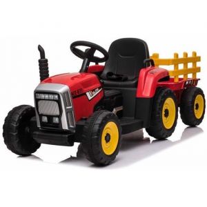 Tracteur &eacute;lectrique WORKERS avec remorque rouge traction arri&egrave;re batterie 12V roues Plastique si&egrave;ge large t&eacute;l&eacute;commande 24
