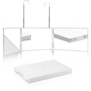 Miroir 360 Coiffure 3 Faces avec Crochets Portable Pliable et Hauteur R&eacute;glable pour Coiffure Rasage Maquillage Blanc