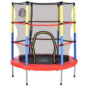 Trampoline Rond pour enfants avec panier de basket mini Trampoline intérieur et extérieur Ø140x164cm Rouge/Jaune/Bleu