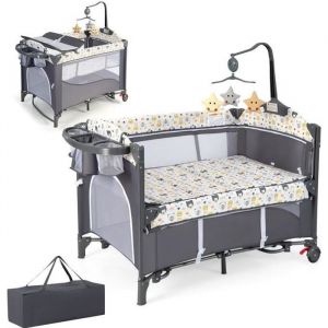 DREAMADE 5 en 1 Lit Bébé Lit Parapluie Pliable Berceau avec Matelas Table à langer Boîte à Musique Jouets Suspendus ours