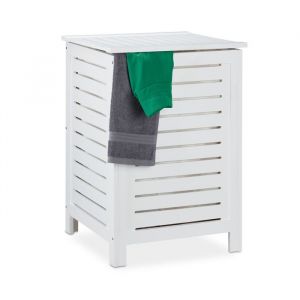 Relaxdays Panier &agrave; linge avec couvercle 86 l sac amovible bois de pin corbeille 655x45 cm blanc