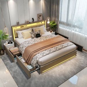 Lit LED Double 140x200 avec Rangement - 1 Type-C & 2 USB - Lit Capitonn&eacute; - T&ecirc;te de Lit avec Rangement - Lit Adulte - Lin - Beige