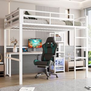 Lit mezzanine adulte 140x200 cm Lit enfant en métal avec bureau étagères ports USB barrière et sommier à lattes - blanc