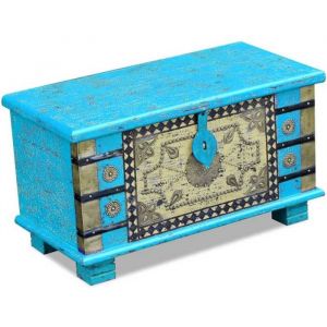 Coffre de Rangement Bois de Manguier 80x40x45 cm Bleu Coffre Indien Style Antique Malle de Rangement Vêtements Jouets