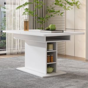 Table à manger extensible blanche rectangulaire en métal avec rangement design moderne et compact pour salle à manger ou salon