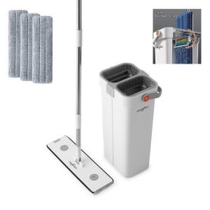 HouseVac – Balai plat 40 cm avec seau à double compartiment  3 tampons microfibres  Tête rotative 360°  Balai à sec & humide