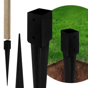 Support de poteau &agrave; enfoncer base carr&eacute;e 80x750 mm pied d&rsquo;ancrage galvanis&eacute; m&eacute;tal robuste noir ADGO