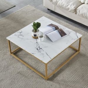 MUEBLES COSY Table Basse CarréStructure en Métal DoréPlateau en Panneau MDF avec Finition Papier Imitation marbreStyle