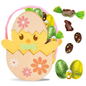 Petit Panier Poussin garni dun assortiment de 35 Chocolats de P&acirc;ques: papillotes R&eacute;villon Poussin et &OElig;ufs Rohan  Id&eacute;al &agrave; Offrir
