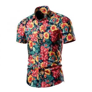 Chemise Hawaïenne Homme Manches Courtes Été Chemise De Plage Funky Fleurs Regular Fit Pour Vacances - Rouge