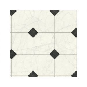 Sol Lino Silence - Aspect carrelage marbre blanc et cabochon noir - Rouleau de 4m x 3m