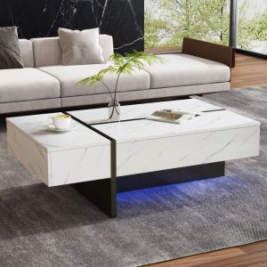 Table Basse Blanche Moderne LED 105x60x35cm &ndash; Plateau Laqu&eacute; Brillant Design Original Meuble Polyvalent Salon & Buffet