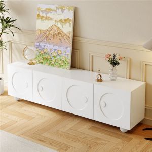 Meuble TV Bois Scandinave avec Rangement Meuble Salon TV Blanc Laqu&eacute; Mat avec 4 Portes Design Unique et Pieds Ronds 1805x38x50 cm