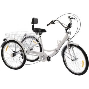 Vélo pliant tricycle adulte blanc 3 roues vélo 24 pouces 7 vitesses avec lumière avant, panier et dossier Tricycle pour le repos