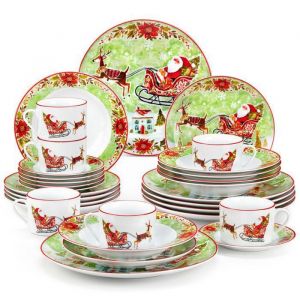 VEWEET Vaisselle 30 pcs Tra&icirc;neau &agrave; Cerfs de No&euml;l en Porcelaine avec Ensemble Assiette Tasse &agrave; caf&eacute; et Soucoupe - pour 6