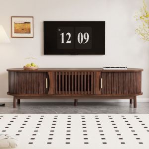 Meuble TV Lowboard marron avec porte coulissante avec porte creuse rabattable vers le bas convient au meuble TV jusqu&agrave; 65 pouces