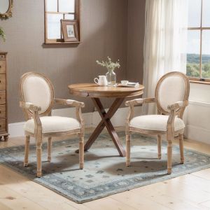 Lot de 2 chaises de Salle &agrave; Manger Chaise de Salon m&eacute;daillon Style Louis XVI Bois Massif patin&eacute; sculpt&eacute; Tissu Lin Cr&egrave;me