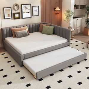 Lit gigogne Maisentiel velours gris 140x200 sommiers inclus structure bois/MDF design mid-century gain de place 120 kg