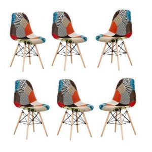 Lot de 6 chaises de salle à manger en tissu patchwork tulipe – Style Eiffel vintage pieds en bois – Salle à manger et cuisine