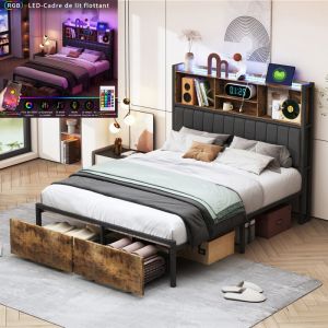 Lit double 140x200 cm Lit rembourré avec LED et chargement USB 2 tiroirs rangements de tête de lit sommier à lattes PU noir