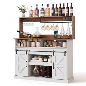 Meuble Bar 120 cm avec porte-verres prises AC/USB portes coulissantes barn door buffet bar haut bois et blanc