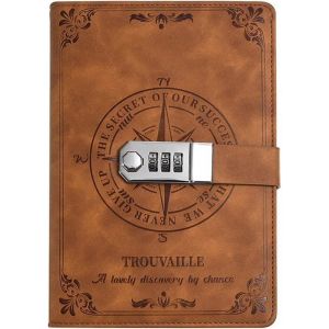 Agenda verrouillable cuir marron motif nautique avec porte-stylo et rangement pour cartes adapt&eacute; pour un agenda de voyage