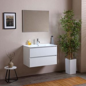 MEUBLE DE SALLE DE BAINS 80 CM AVEC DEUX TIROIRS EN BOIS BLANC LAVABO EN C&Eacute;RAMIQUE  BERLIN