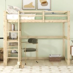 Lit superpose enfant 140x200 cm cadre de lit avec rangements en pin lit mezzanine avec 4 rangements et un plateau de bureau