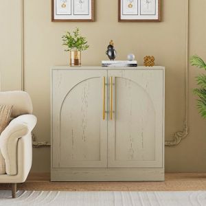 GOOBUY Buffet Bas &agrave; 2 Portes Meuble de Rangement avec Manche en M&eacute;tal Dor&eacute; Porte &agrave; Motif en Arc Support 50kg 80x40x78cm Beige