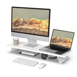 Fenge Réhausseur dÉcran dOrdinateur Dual Support de Moniteur Pour PC TV Imprimante 80×235×10cm Charge de 25KG Blanc