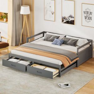 Lit Banquette Extensible 90x200cm avec 2 Tiroirs de Rangement - Pin Massif Gris