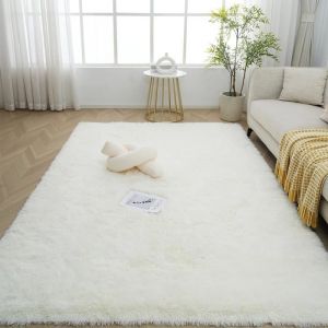 Tapis Salon Chambre Blanc 160 x 230 cm à Poils Longs Tapis de Chambre Descente de lit Moelleux Tapis Doux Poils Longs pour Salon