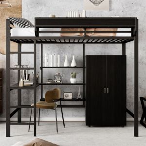 Lit Mezzanine 1 Place avec Bureau Lit Mezzanine 90x200 pour Enfant et Adolescent Lit Hauteur Armoire Espaces de Rangement Noir