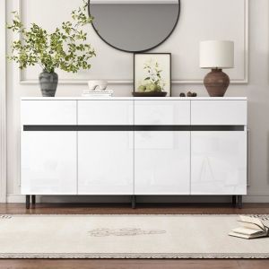 Buffet 4 portes Blanc laqué brillant - Bahut Commode avec 4 Tiroirs - L 160 x l 40 x H 68