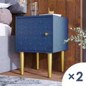 KoDise Lot de 2 tables de chevet - finition bleu marine - pieds dorés - 35x35x50 cm - pour chambre et bureau
