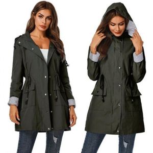 Trench Femme Manteaux Manches Longues Zippé Coupe-Vent avec Capuche Imperméable-Vert