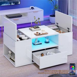 Table Basse Salon Blanche Brillante avec Lumi&egrave;res LED Multicolores par Appli 2 Armoires Tiroir Compartiment Ouvertes 100x50x40 cm