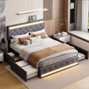 Lit adulte double 140x200 cm en tissu lin gris avec grand tiroir lit de rangement lit 2 places lit double sommier à lattes et