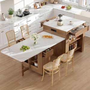 Table à manger extensible 6 personnes plateau marbré blancTable de bar extensible avec espace de rangement îlot de cuisinemarron